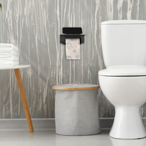 Relaxdays Toalettpappershållare med mobilhållare, väggmontering med och utan borrning, i rostfritt stål 430, matt svart svart