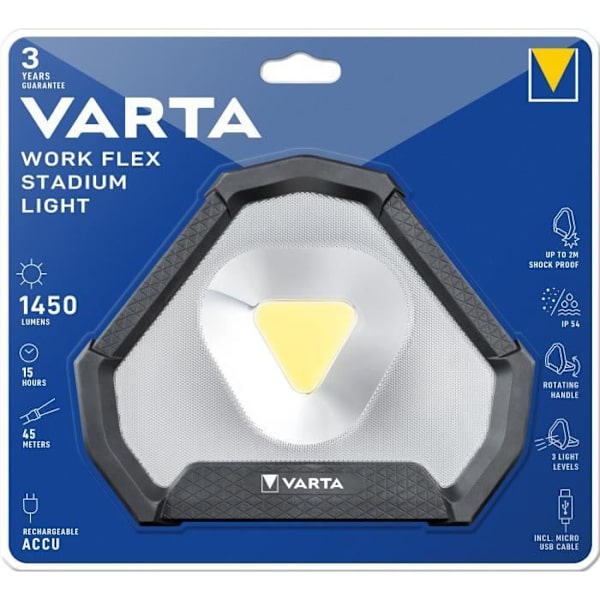 VARTA Work Flex Stadium Lätt arbetsstrålkastare - 1450lm - Laddningsbar - IP54 - Justerbar Svart vit