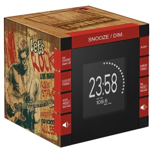 BIGBEN INTERACTIVE Radioklocka Cube Projektor Dekor Rock Wood