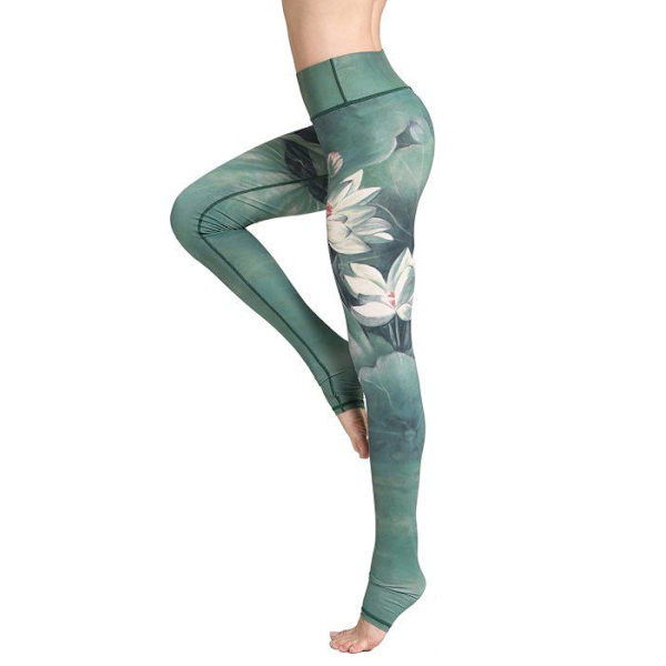 Flyily - YG180201GN00L - Träningsleggings för kvinnor med hög midja Yogabyxor med hög midja, akvarellmönster Grön XL
