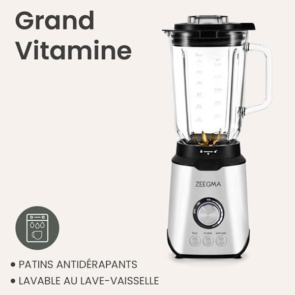 ZEEGMA Grand Vitamine - Elektrisk mixer - 1600 W - Multifunktionsmixer - 1,75 L - 6 blad - Krossad is - 3 program - BPA-fri Mörkgrå