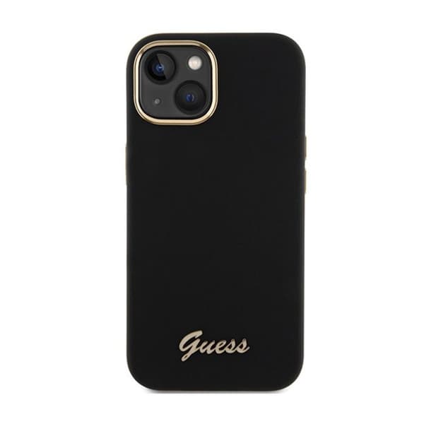 Guess Silicone Script metalllogotyp och ram - iPhone 15-fodral (svart)