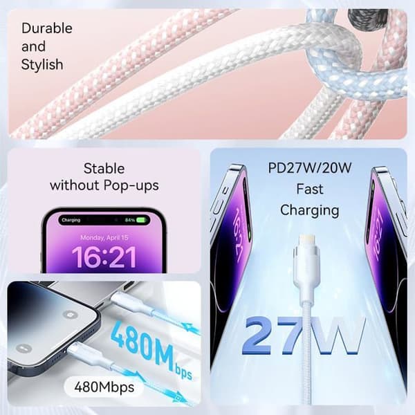 Lightning USB-C-kabel - Vention - 2 M - Snabbladdning 27 W - 480 Mbps - Nylonflätad - Tinsad kopparledare