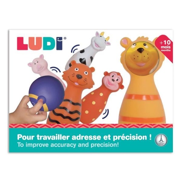 LUDI - Spel med 5 käglor i form av djur. Från 10 månader. Smidig och hållbar plast. Bolla lämplig för små händer.