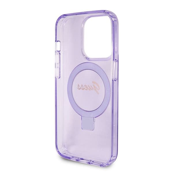 Coque Guess Ring Stand Script Glitter MagSafe för iPhone 15 Pro - Lila Lila