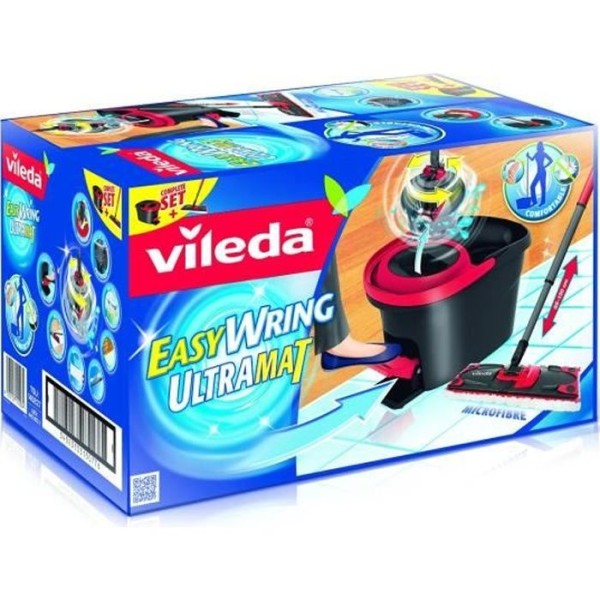 VILEDA Easy Wring Ultra Mat komplett set: platt kvast + pedalvridningshink + mikrofiberöverdrag
