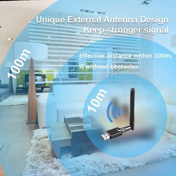 Onvian USB Bluetooth 5.0 Adapter Dongle Antenne Lang Rekkevidde 100M Trådløs Lydmottaker Sender For PC Laptop Win 7/8/8.1/10