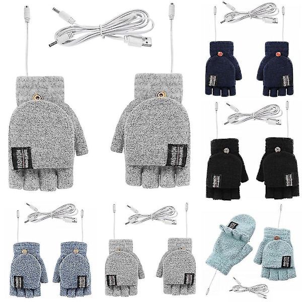 Vinter Usb elektrisk oppvarmet votte oppladbare hansker hel og halvfingervarmer Light Grey