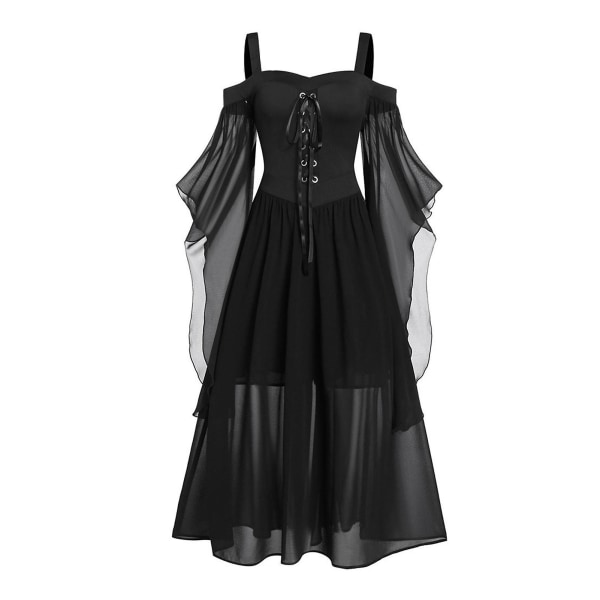 Halloween trompetærmet heks suspendelkjole Simpel One-line halsudskæring Cosplay kjole Black 2XL