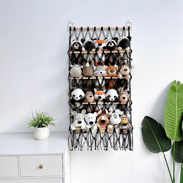 Vegghengt Organizer Plysjleketøy Oppbevaring Boho Macrame, Rosa