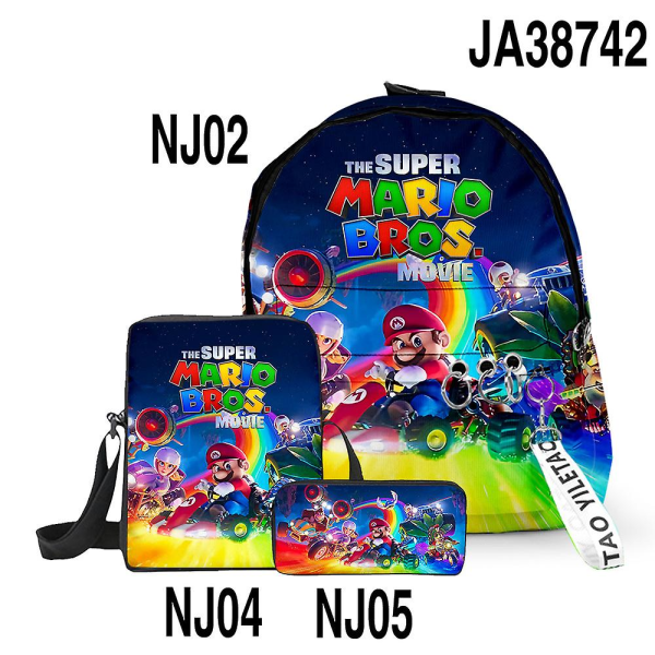 3stk Mario rygsæk+frokostpakke+pentaske Super Mario Bros skoletaske Animetaske Børn Skolerygsæk Skuldertasker Penalhus Mario 04 Backpack