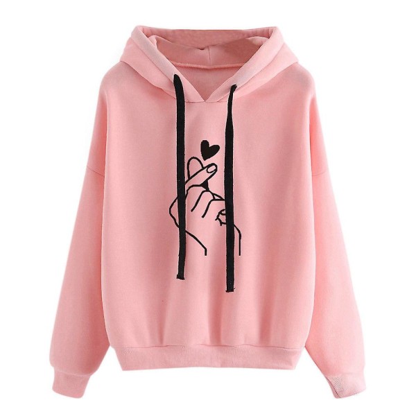 Kvinner trykte hettegensere Langermet hette genser Uformell Løse Pullover Topper Pink L