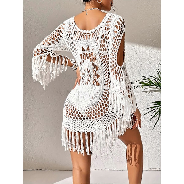 Nye modeller Chic Langærmet Boheme Cover-Up Kjole  Med Frynser, Udhulet Detalje  Afslappet Strandtøj til Kvinder, Badetøjsledsager