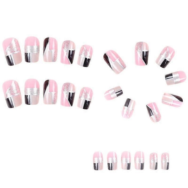 Firkantede Påsætningsnegle Medium Kunstige Negle med Neglelim Akryl Kunstige Negle med Pink Sort Sølv Design