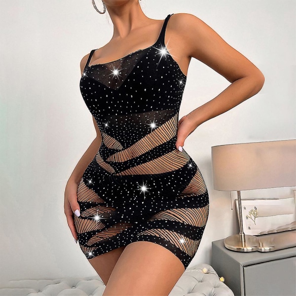 Kvinner Sexy Fishnet Undertøy Night Party Bodycon Rhinestones Sleepdress Nattøy