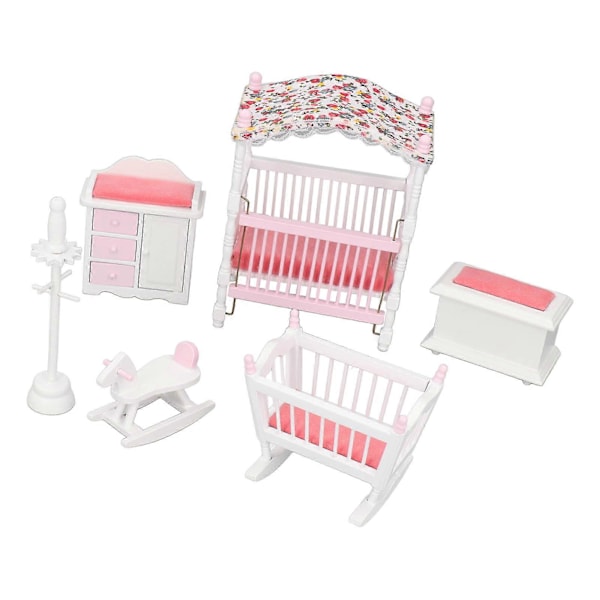 Pink og hvid 1:12 skala miniature træ dukkehus soveværelsesmøbelsæt