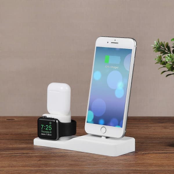 3-i-1 silikonholder Dock laderstativfester for Airpods iPhone iWatch - Hvit