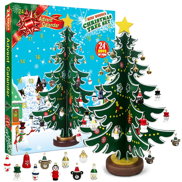 Adventskalender 2023 24 dagars julnedräkningskalender Träträd med prydnader Bordsskiva DIY Miniträd till jul Green