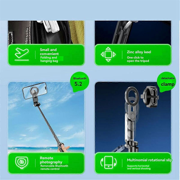 Magnetisk Design Mini Bluetooth Portabel Teleskopisk Multifunktionell Tripod Telefon Selfie Stick