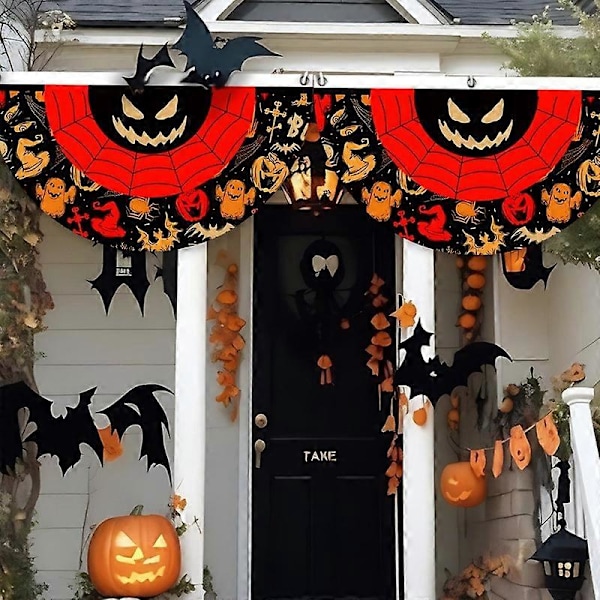 Halloween Plisseret Fane Flag Halloween Guirlande Flag Spøgelse Hængende Halloween Flag med Lærredshoved og Metaløje Halv Fane Banner til Udendørs Fest