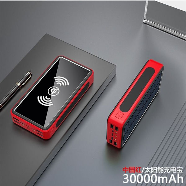 100000 mAh Powerbank Portabel Solcellsladdare Trådlöst Externt Batteri med LED-Lampa Vattentät Hög Kapacitet Utomhus Powerbank Chinese red