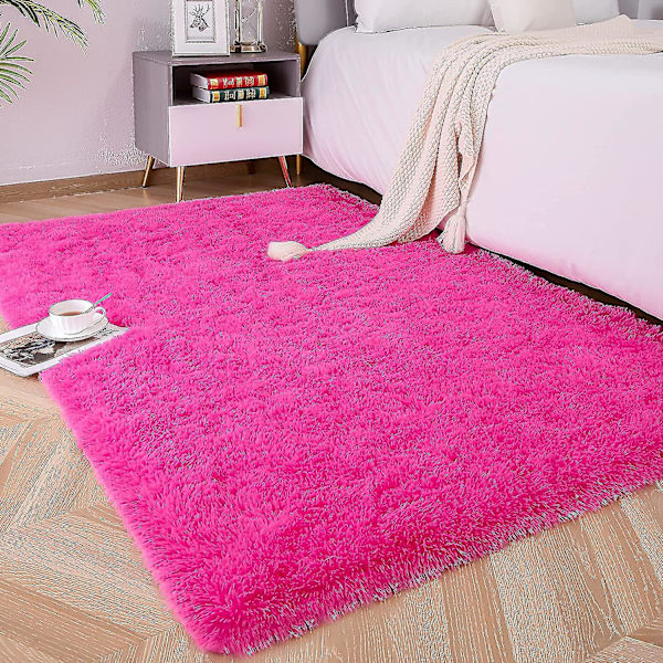 Tflycq Pehmeät Fluffy Area Matot Makuuhuoneen Lastenhuone Pehmo Shaggy Lastenhuoneen Matto Karvaiset Matot Pojille Tytöille, Yliopisto-asuntolan sumeat matot Olohuone Ho Hot Pink 4 * 5.2 Feet