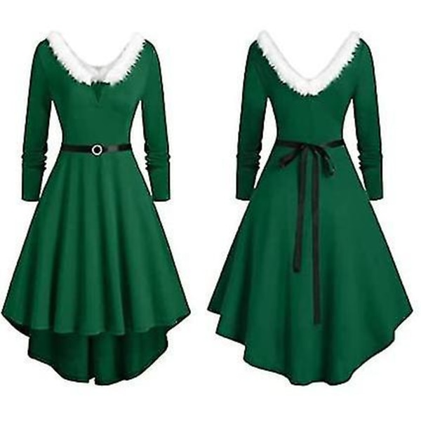 Dam jul lurvig V-ringad långärmad klänning för fest kostym Green XL