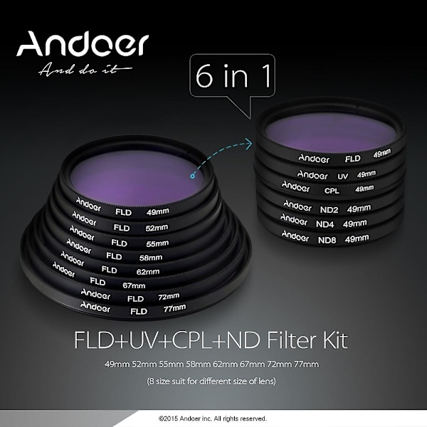 Andoer 55mm UV+CPL+FLD+ND(ND2 ND4 ND8) Fotografi Filter Kit Sett Ultrafiolett Sirkulært Polariserende Fl