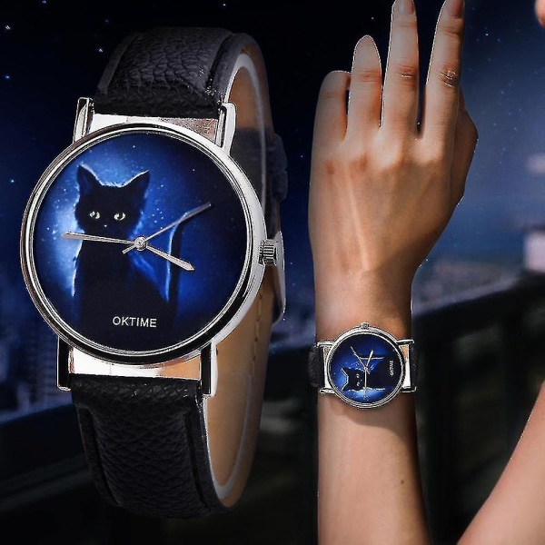 Tflycq Oktime Womens Mysterious Black Cat imiteret læder Analog Quartz Watch