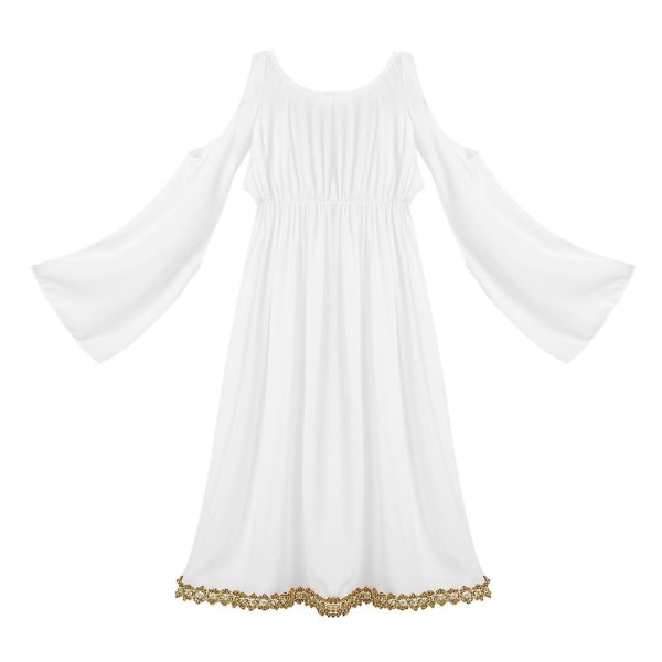 Romersk gresk gresk Athena Goddess Cosplay-kjole Jenter Gold Trim Halloween-kostyme Rollespill Party Lang Fancy Dress M