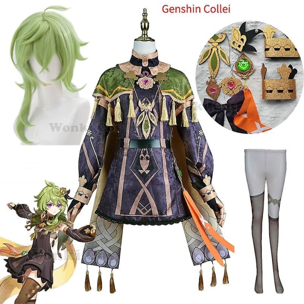 Genshin Impact Sumeru Collei Cosplay -asu peruukki Vihreät hiukset Genshin Collei -asut Täysi set Cosplay S