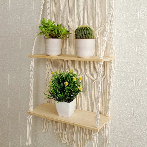 Makrame Væghængt Hylde Boho Træ Flydende Hylder Makrame Tapestry Rack