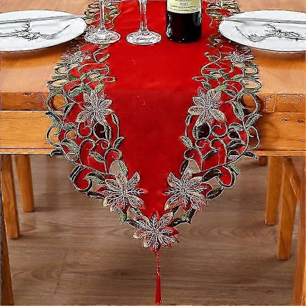 381761cm Julebordløper med Broderi, Utskjært Grønne Blad, Høytidsbordduk til Juledekorasjon 15x69 Tommer