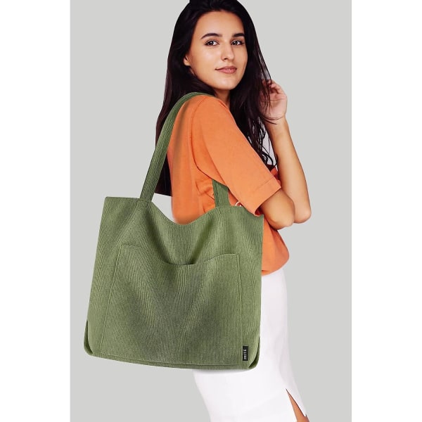 Corduroy Tote Bag For Dame Stor Skulderveske Med Glidelås Og Lommer For College Skole Arbeid Reise Shopping