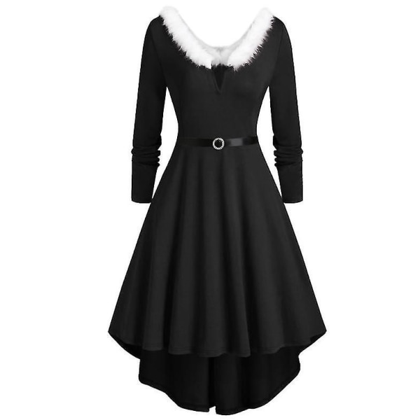 Naisten jouluinen karvainen V-kaula-aukkoinen pitkähihainen mekko juhlapukuun Black 2XL