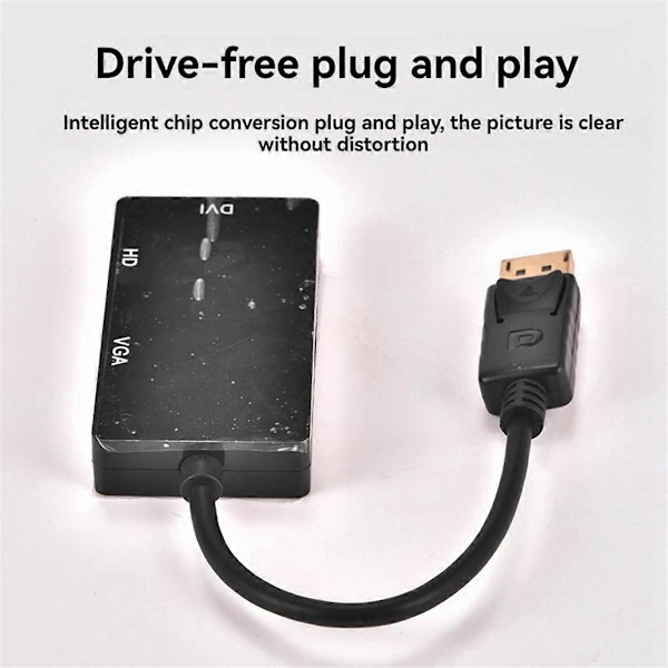DP till VGA DVI 3-i-1 Adapterkabel DP En-Till-Tre Videokonverterare Stöder 1080P, Lämplig för Pro