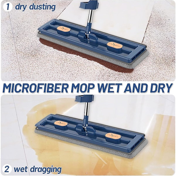 Stort fladt moppesæt, 360 graders drejemoppe med vridefunktion, gulvmoppesæt flad moppe med genanvendelige mikrofiber moppepuder