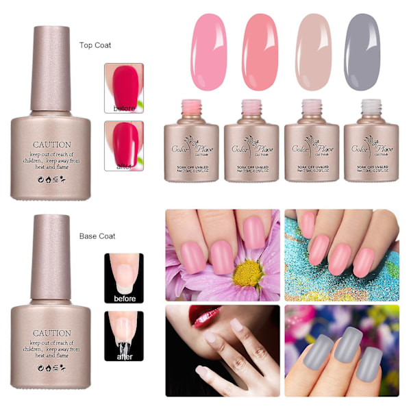 6-pack Gel Nagellack Set Baslack Topplack Fyra Färger Långvarigt Nagellack
