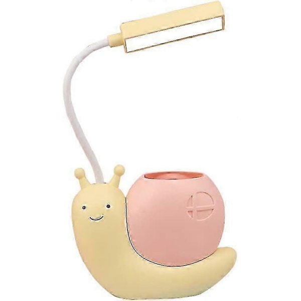 LED skrivebordslampe for barn med pennholder, snegleform USB-lading student læring øyebeskyttelseslampe 360 ​​bøybar justerbar hals gul