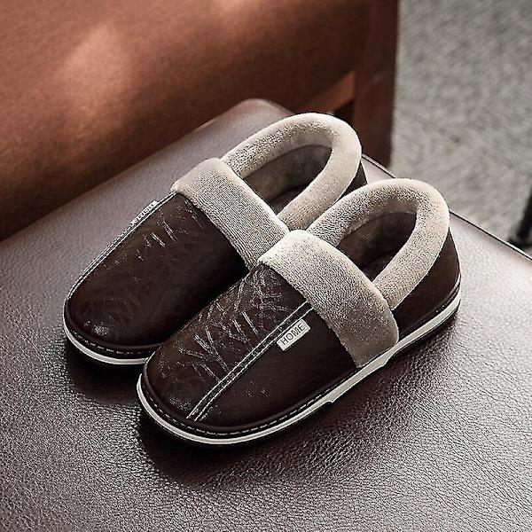 Iso koko Miesten Pu-nahkaiset tossut sisäkäyttöön vedenpitävät kotiturkikset, miespari, litteät naiset, miehet, talvitossut, puuvillakengät Brown-B 44-45(fit 43-44)