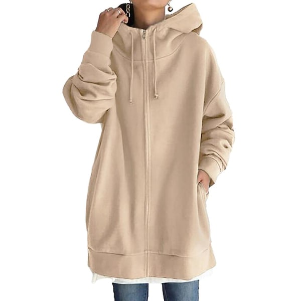 Kvinder hætte fuld lynlås frakke Casual udendørs efterår langærmet jakke med lomme Khaki XL
