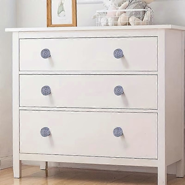 6 st Eleganta Blå & Vita Porslinsknoppar för Lådor - Hållbara Keramiska Draghandtag för Kök, Badrum & Byrå - Klassisk Design, Enkel Installation, Repfri