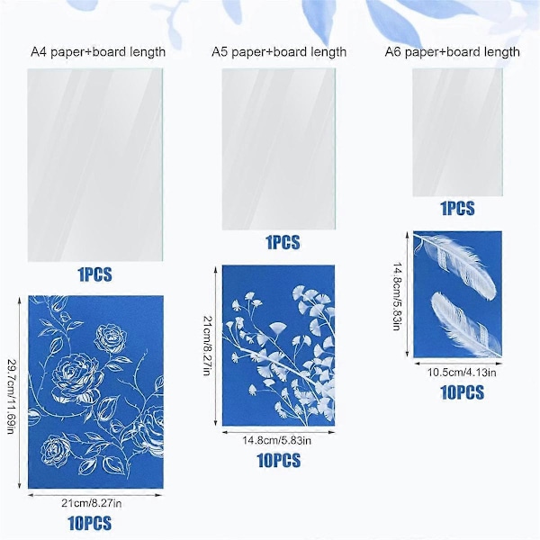 30 ark soltrykkpapir, A4 A5 A6 cyanotypipapirsett med 3 stk akrylpanel sensitivt solartrykk- og tegnepapir