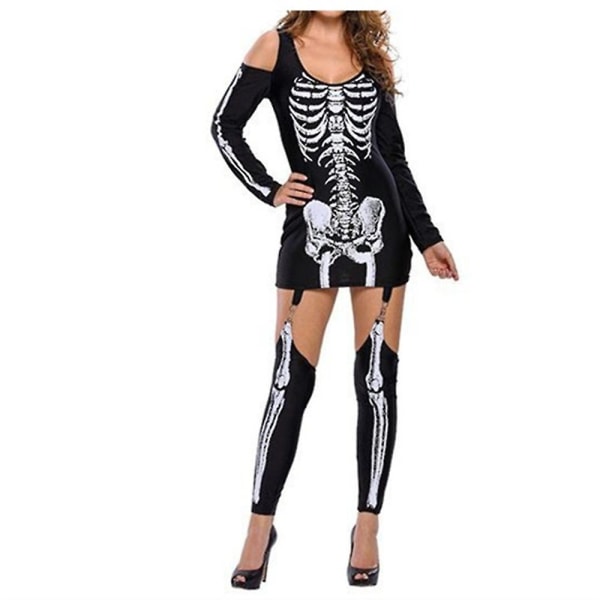 Halloween fest kvinders skelet cosplay fancy kjole off-shoulder kjole med strømpesæt M