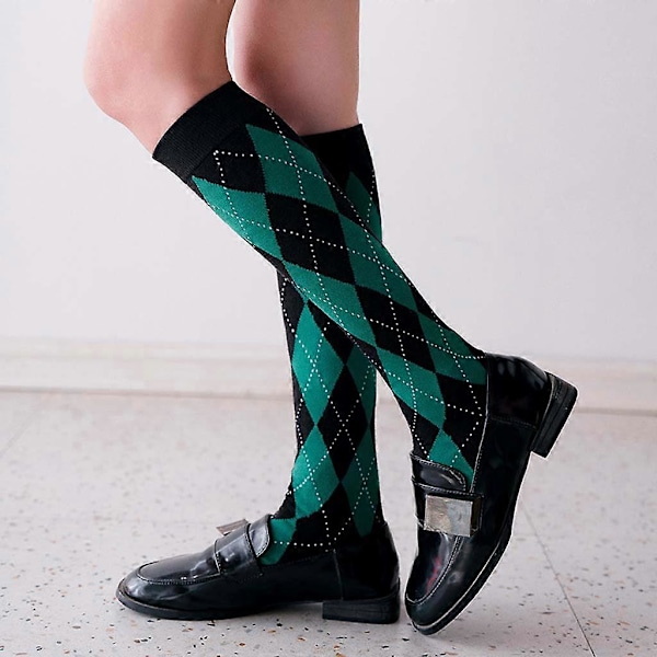 Dame Efterår Bomuld Knæhøje Strømper Japansk Preppy Stil Vintage Kontrastfarve Argyle Plaid Print Studenterstrømper