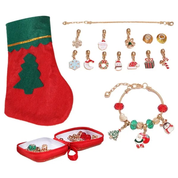 Jule charme armbånd fremstillingssæt med julestrømpe Håndværkssæt 24 STK Småbørnsarmbånd og halskæde fremstillingssæt jul Green