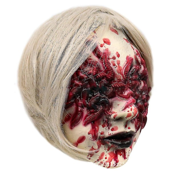 Horror Halloween Creepy Bloody White Wig Zombie Ghost Latex Mask Cosplay Party Prop A
