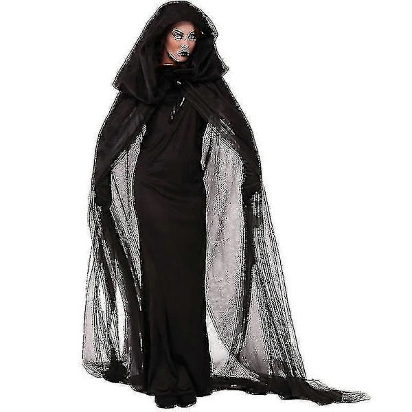 Halloween Grim Reaper Kvinder Gennemsigtig Hætteklædt Kappe Kjole Kostume D W x