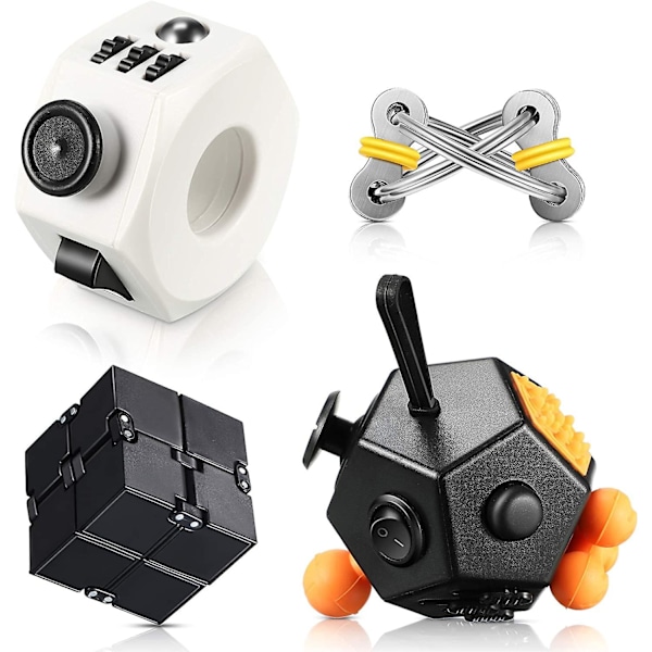 4 Stykker Fidget Legetøj Håndholdt Mini Legetøj Dekompressionslegetøj Inkluderer Et 12-sidet Fidget Legetøj, Sort Infinity Cube, Dekompressionsring Og Flippy Nøglering