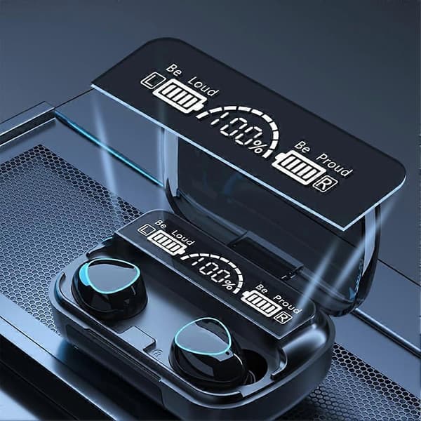 Trådløst headset Bluetooth V5.1 LED-display Stereo Mini-øretelefon med håndmikrofon sort